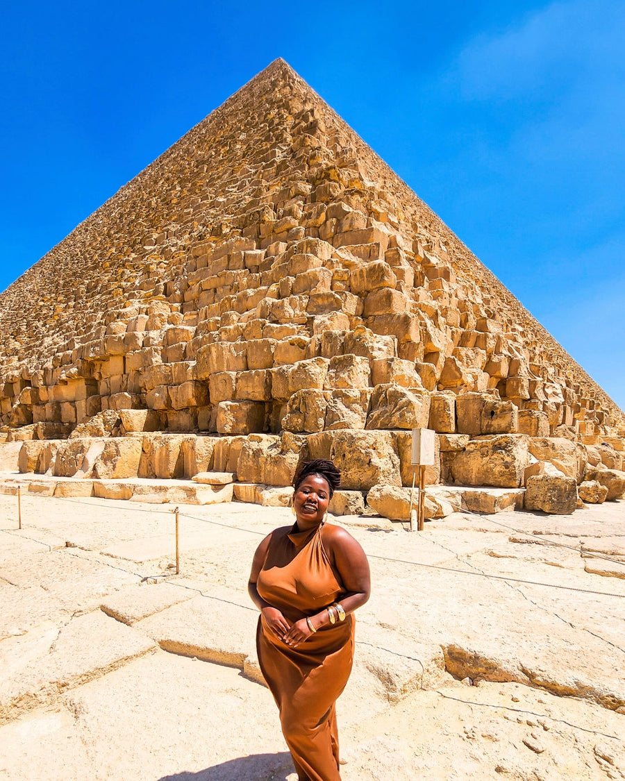 Thrifty Adventures traveller at the Pyramids of Giza on the August 2026 Egypt tour