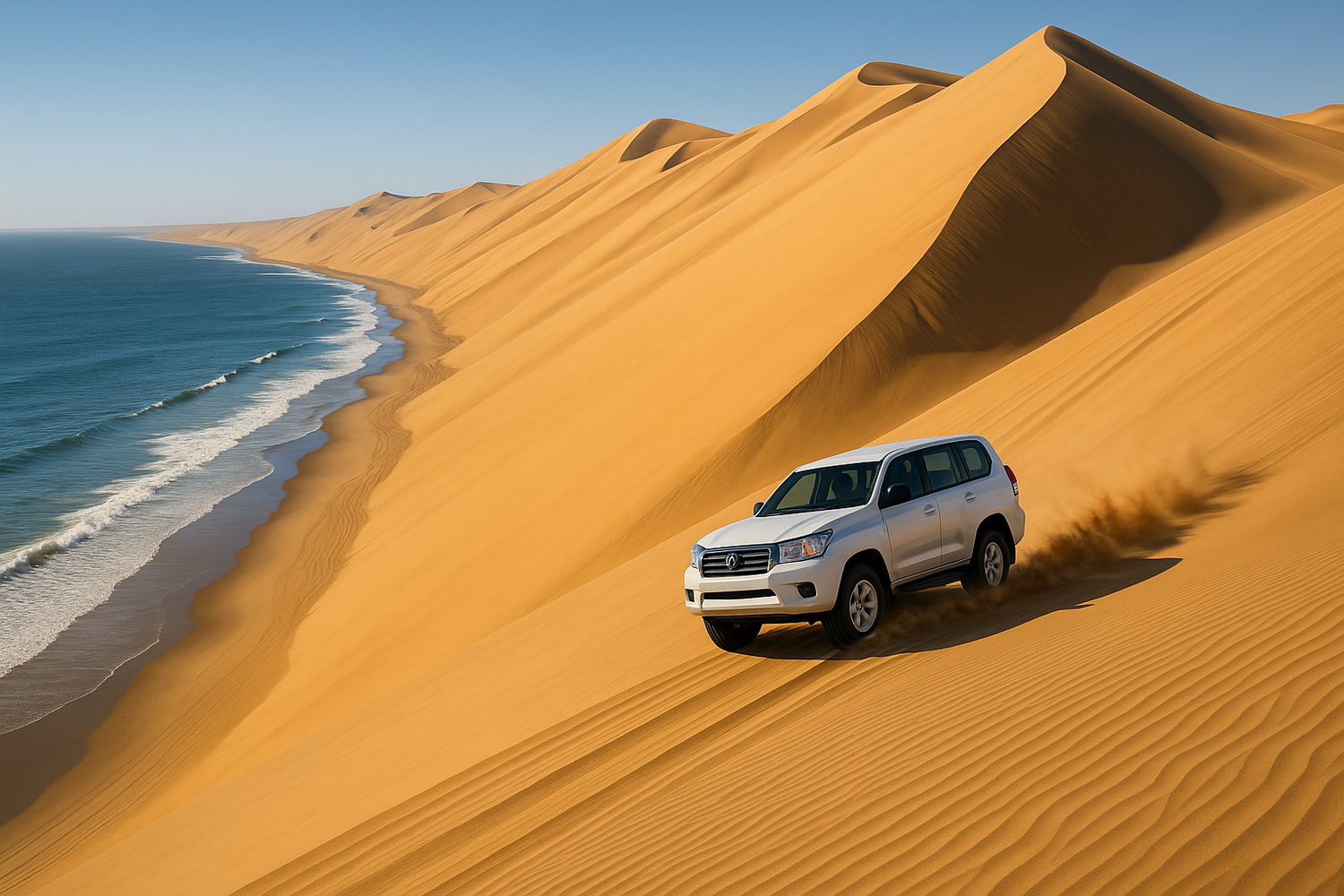 sand dunes in namibia with a toyota landcruiser driving across a very high dune also with a view of the ocean on the side just like how it looks at sandwich harbour