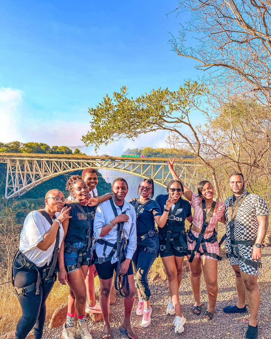 Thrifty Adventures group at Victoria Falls on the December 2026 tour